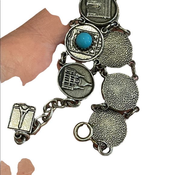 Vintage silver finish torquois Eiffel Tower Paris Tour Travel bracelet Cathedral - Picture 7 of 8